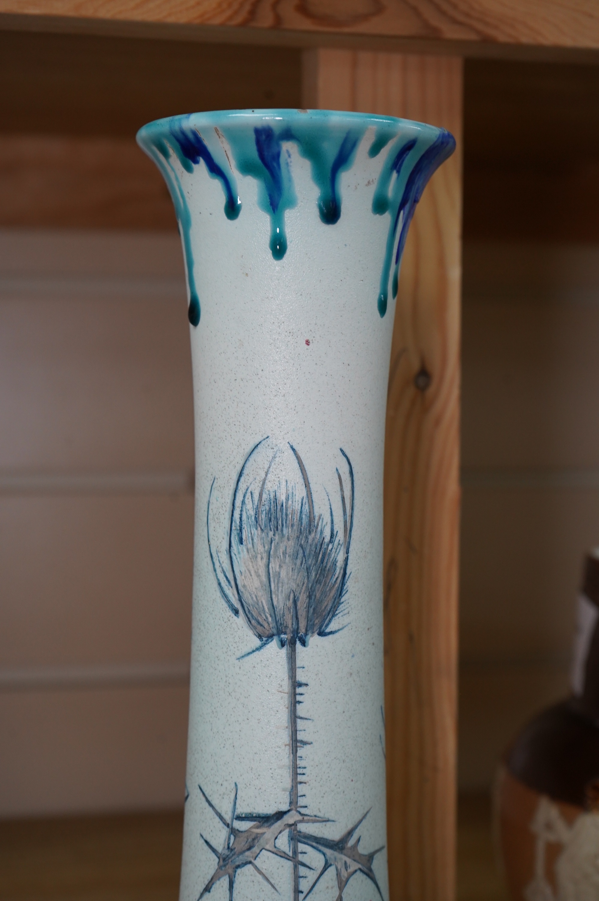 A Delphin Massier Vallauris vase, 28.5cm. Condition - repaired rim chip